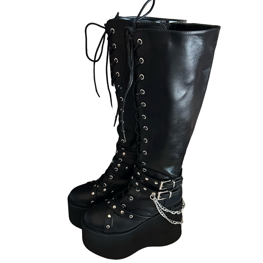 Hot Topic Black Lace-Up Platform Boots with Chain Accent